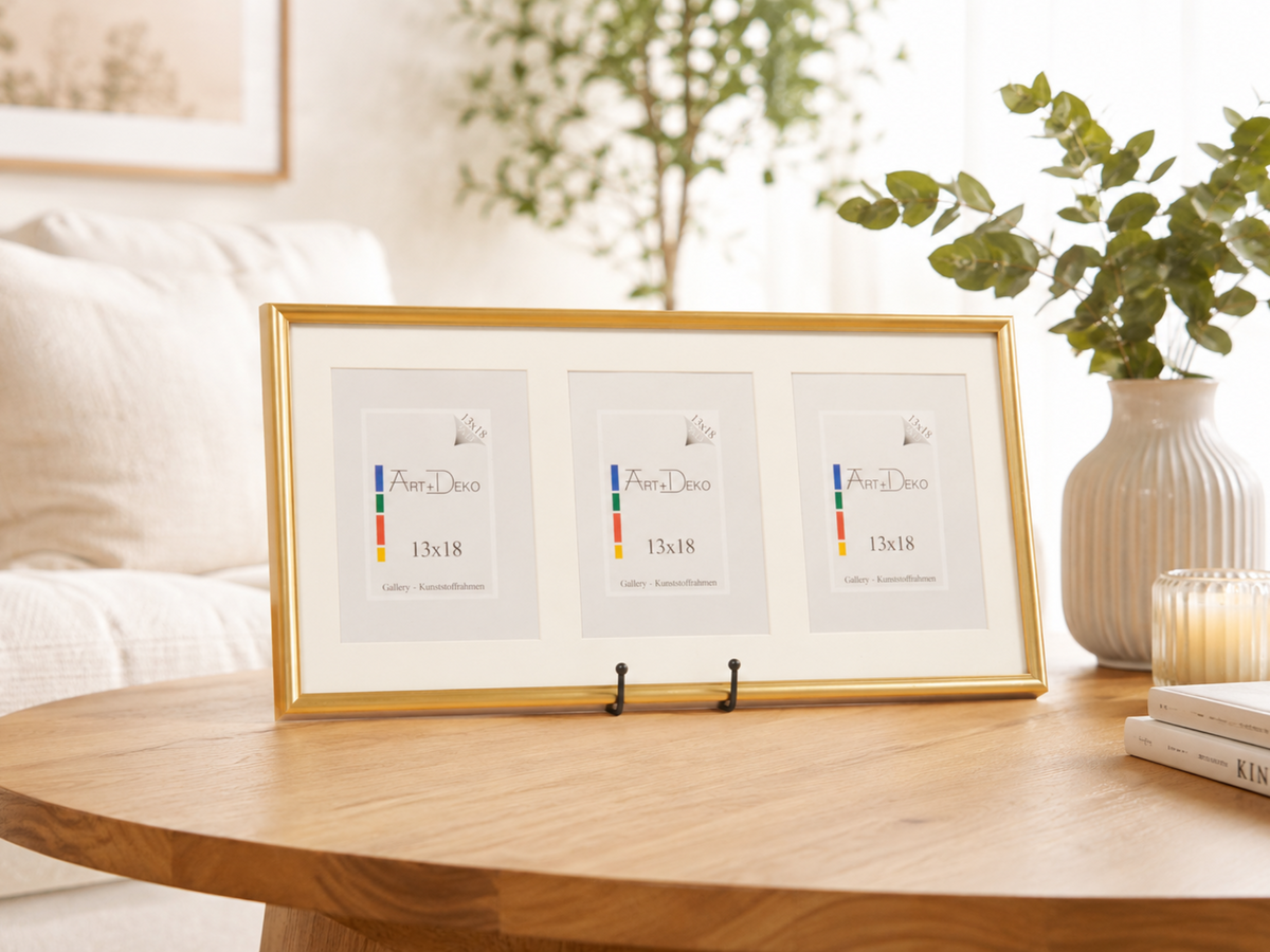 3er Bilderrahmen aus Kunststoff in Gold  in der Größe 25x50 mit Passepartout